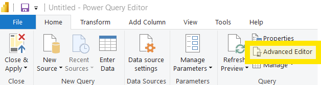 A screen capture of where the Power Query "advanced editor" can be found in Power BI