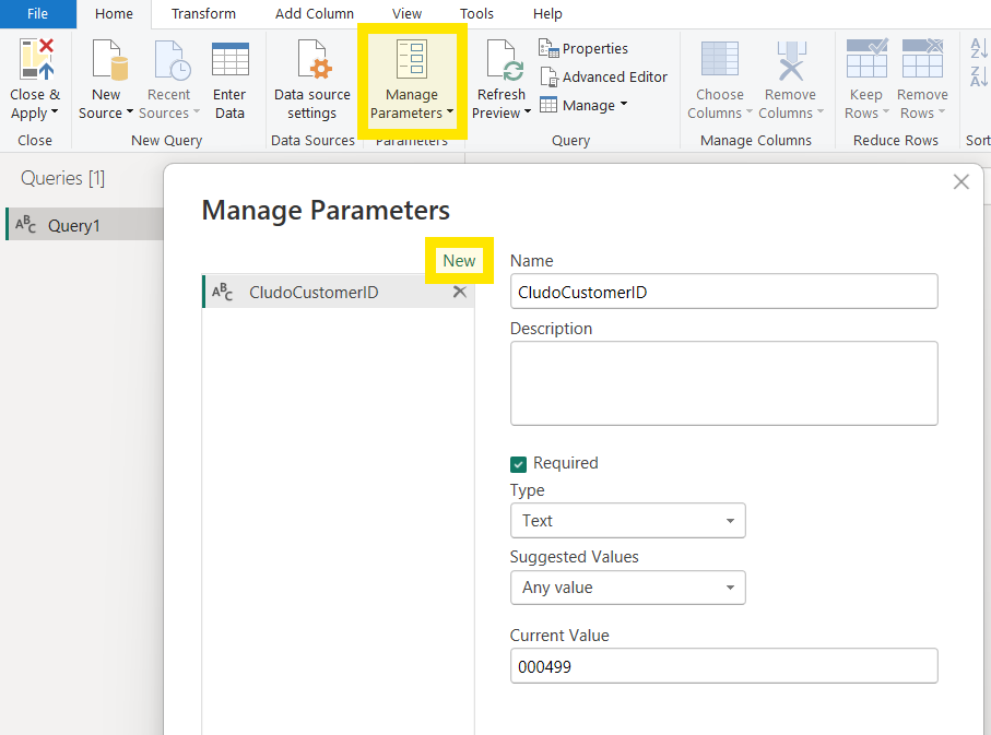 A screen capture of the "manage parameters" section can be found in Power BI