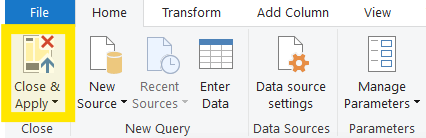 A screen capture of where the "close and apply" button is found in Power BI
