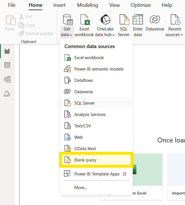 A screen capture of where the "blank query" option is in Power BI